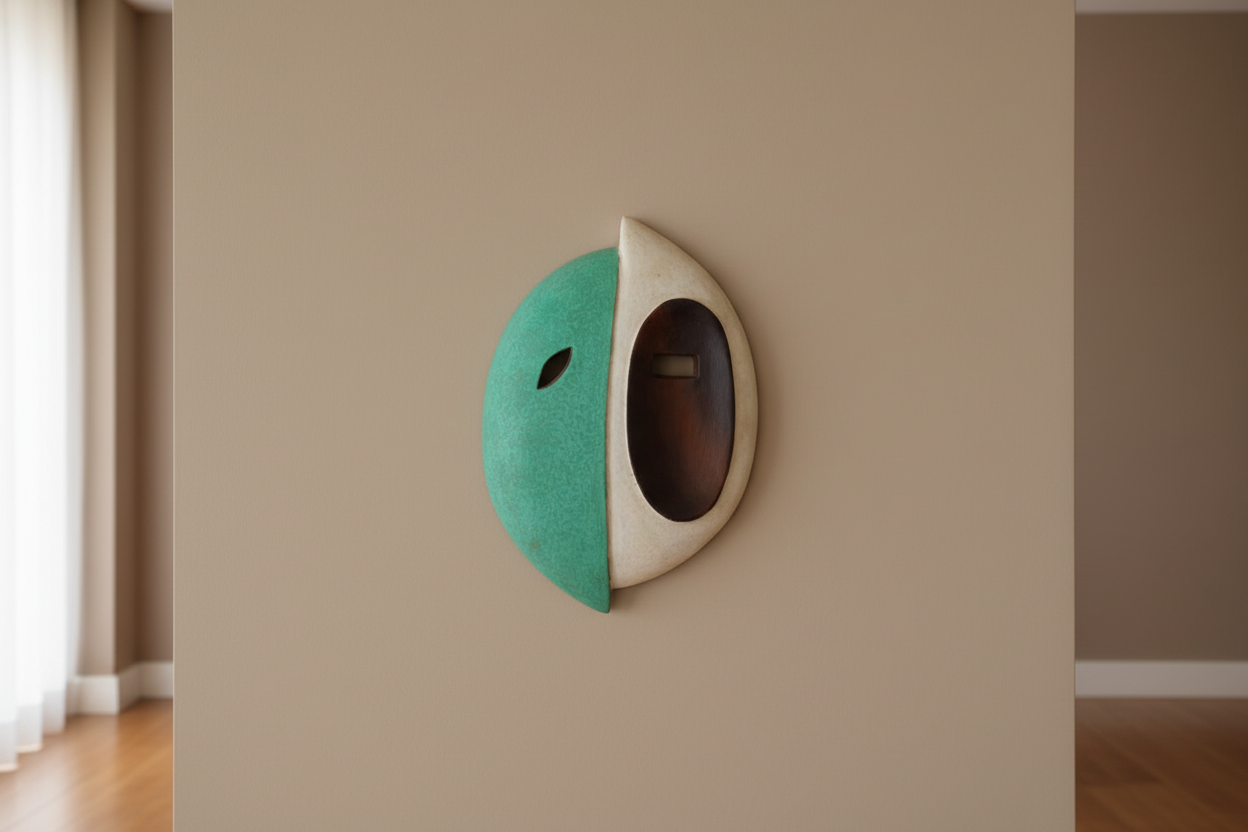 Two half-masks, one green and one brown, on a white background.