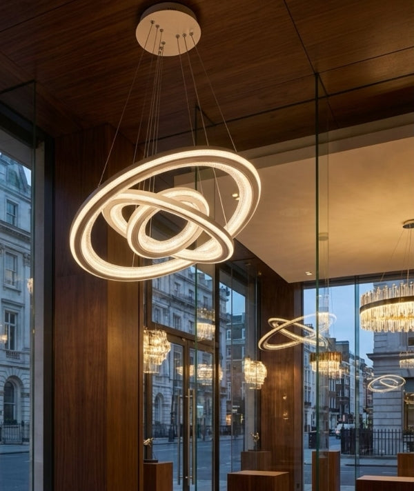 Modern chandelier hanging in a room with large windows