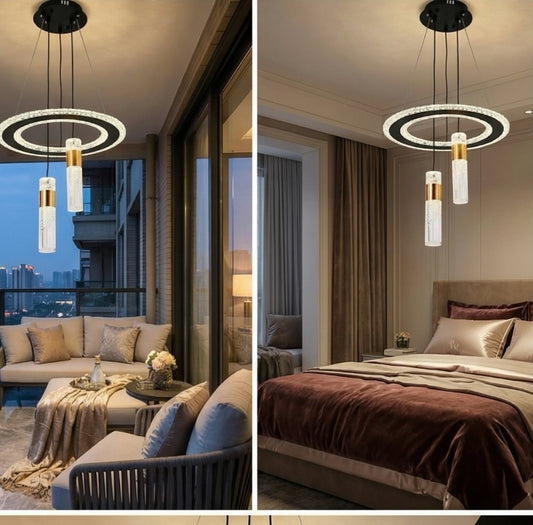 Modern chandelier in a living room and bedroom setting