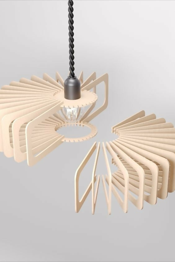 Modern pendant light with wooden fan-like design on a gray background