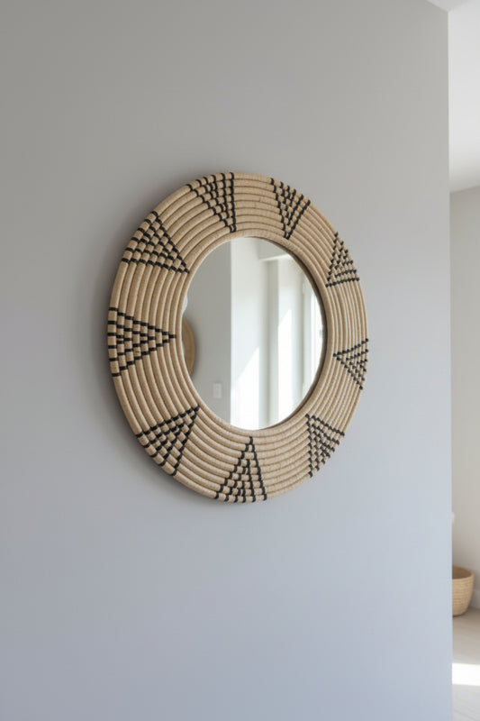 Round woven mirror with geometric patterns on a blue background