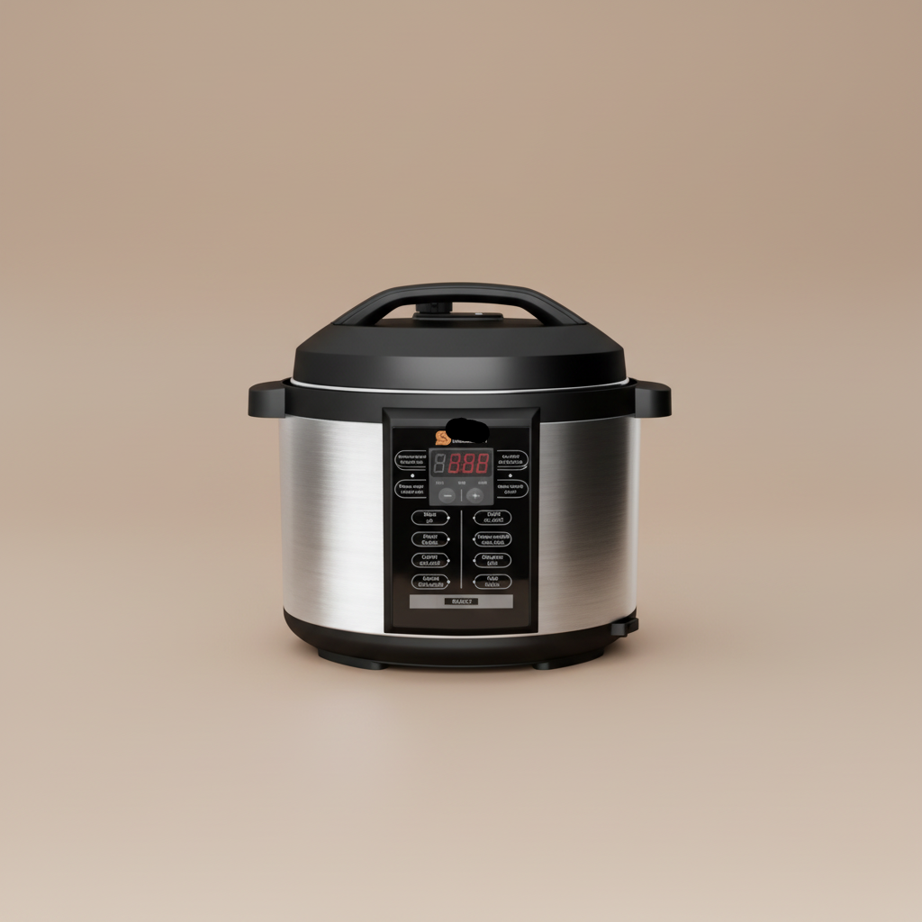 Black and silver pressure cooker on a white background
