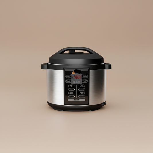 Black and silver pressure cooker on a white background