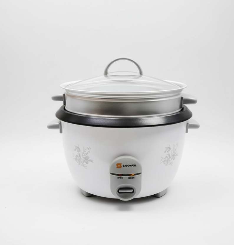 White rice cooker with a lid on a white background, featuring a warranty badge.