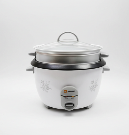 White rice cooker with a lid on a white background, featuring a warranty badge.