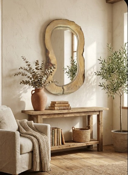 Nest living room with wooden console table, mirror, and decor items.