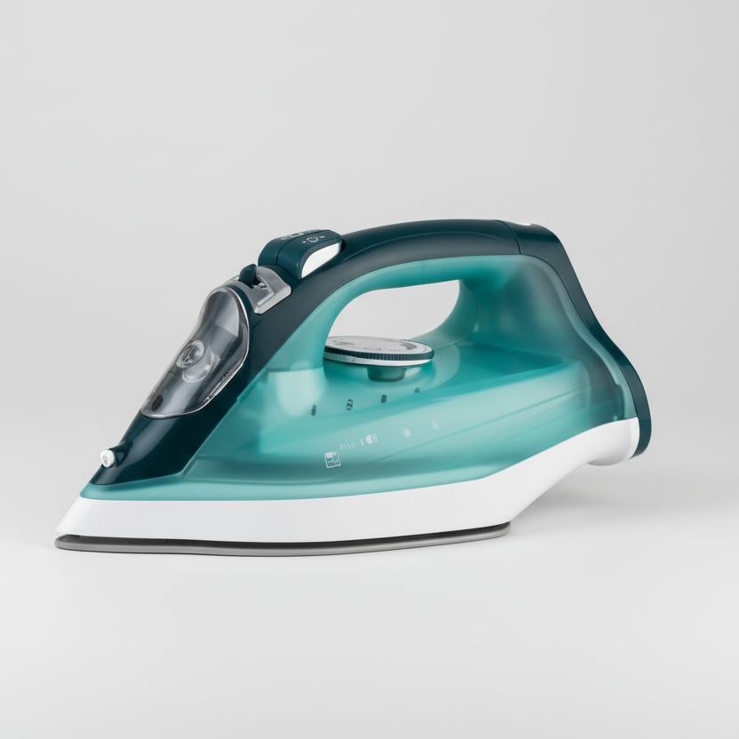 Turquoise steam iron on a white background