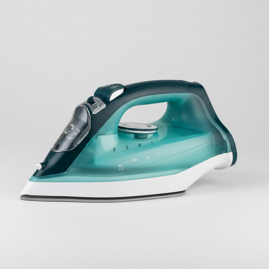 Turquoise steam iron on a white background
