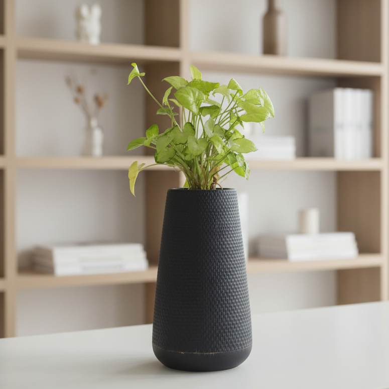 Potted plant in a textured black vase on a white surface with a wooden shelf in the background.