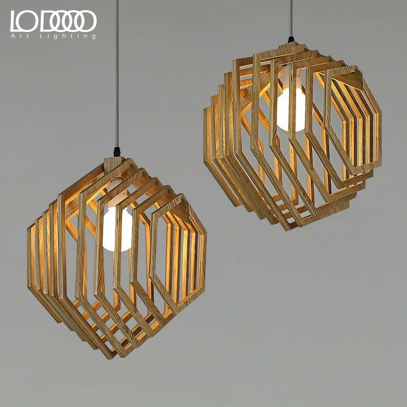 Two wooden pendant lights with geometric design on a gray background, featuring the LooDoo Art Lighting logo.