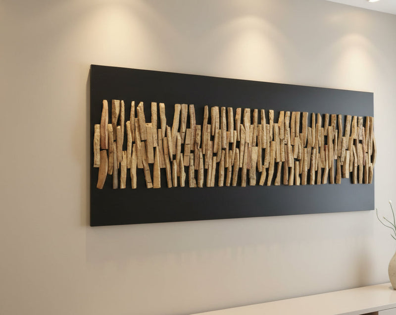 Decorative wall art made of wooden sticks on a black background