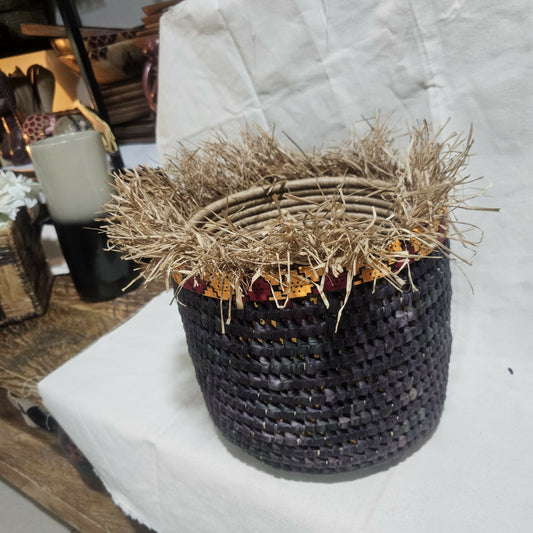 Woven basket with straw top on a white surface