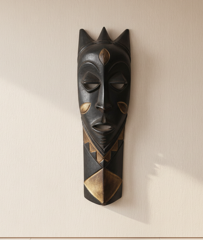 Black and gold tribal mask on a white background