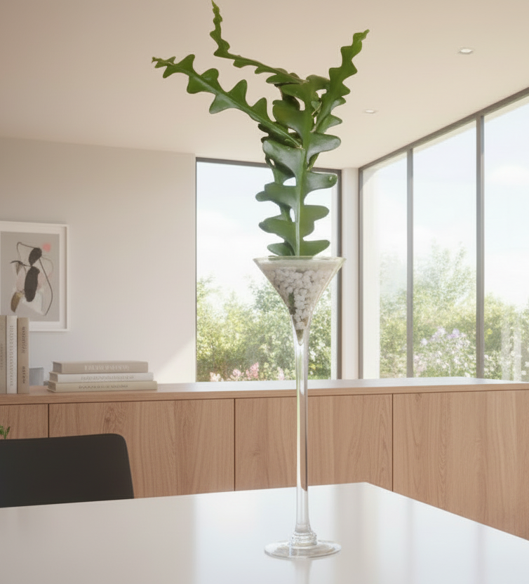 Tall green plant in a decorative vase on a table in an office setting with large windows.