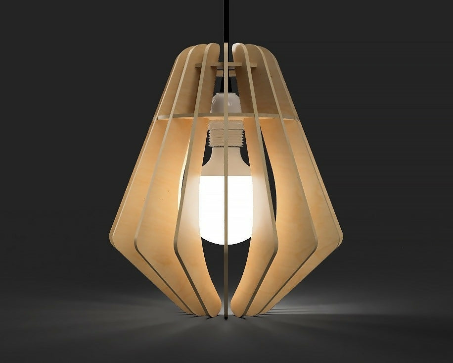 Wooden pendant light with a geometric design on a dark background