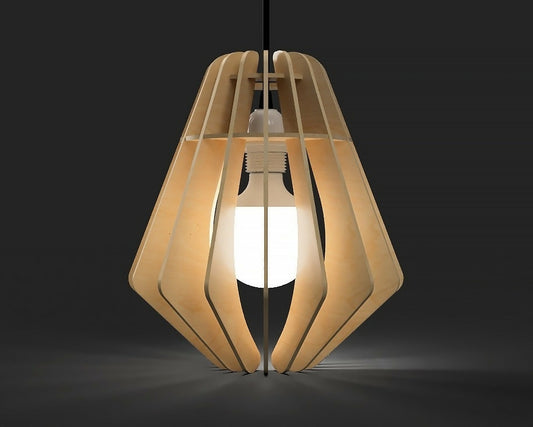 Wooden pendant light with a geometric design on a dark background