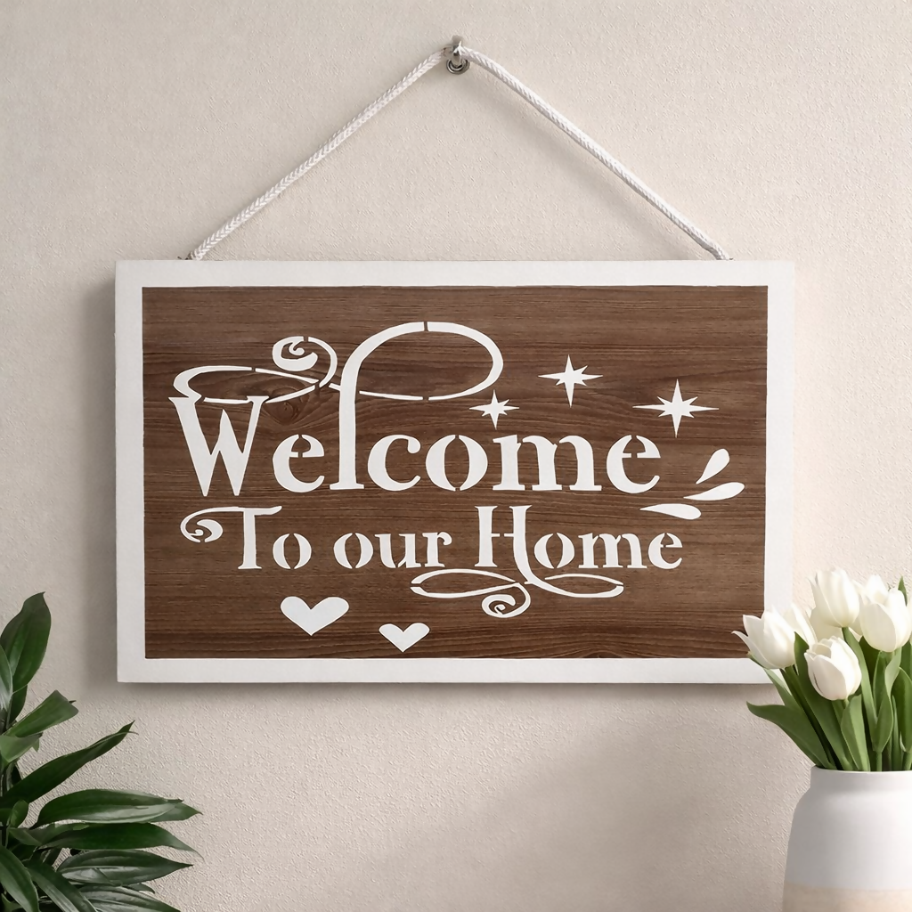 Wooden sign with 'Welcome To our Home' text hanging on a wall.