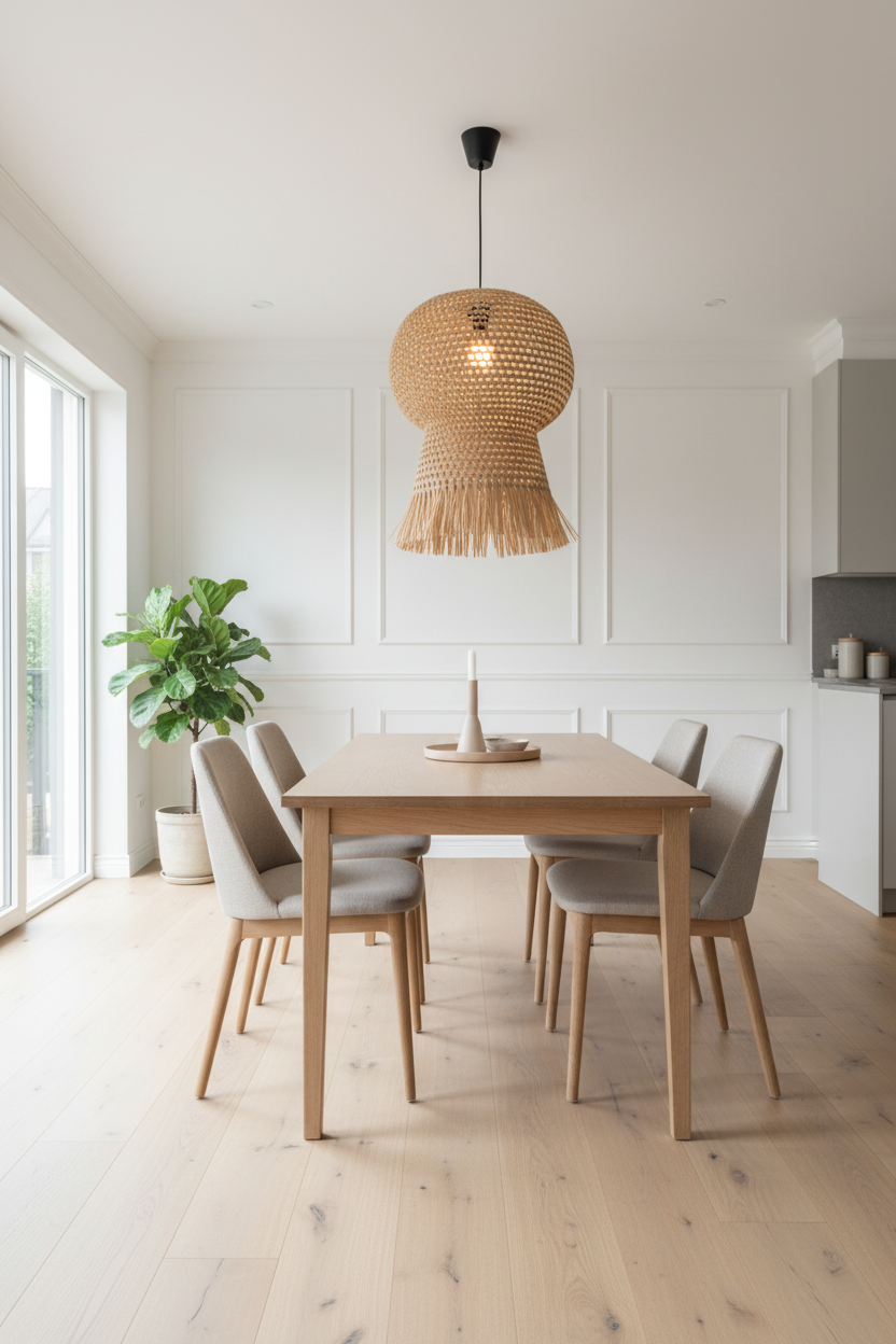 Dining area with wooden table and chairs under a wicker pendant light.