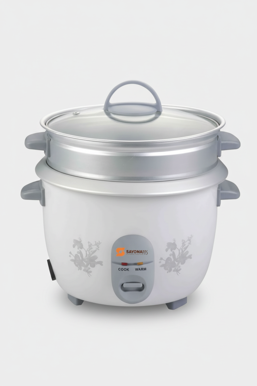 White rice cooker with a lid on a white background