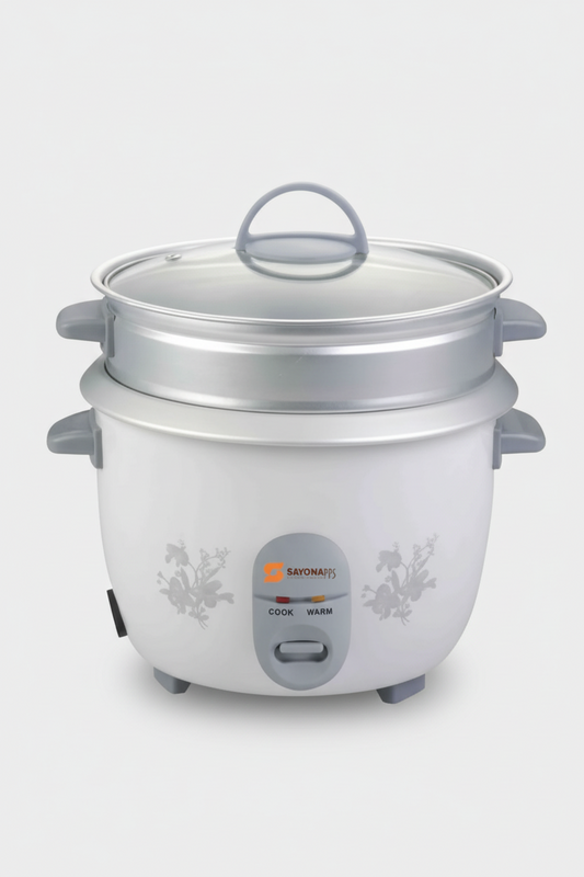 White rice cooker with a lid on a white background