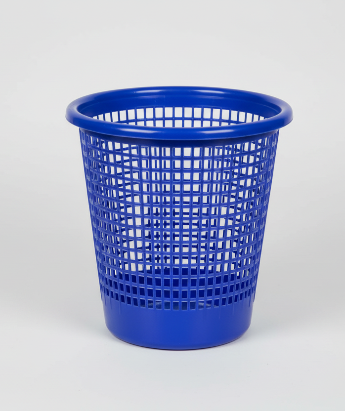Blue plastic wastebasket with grid pattern on a white background