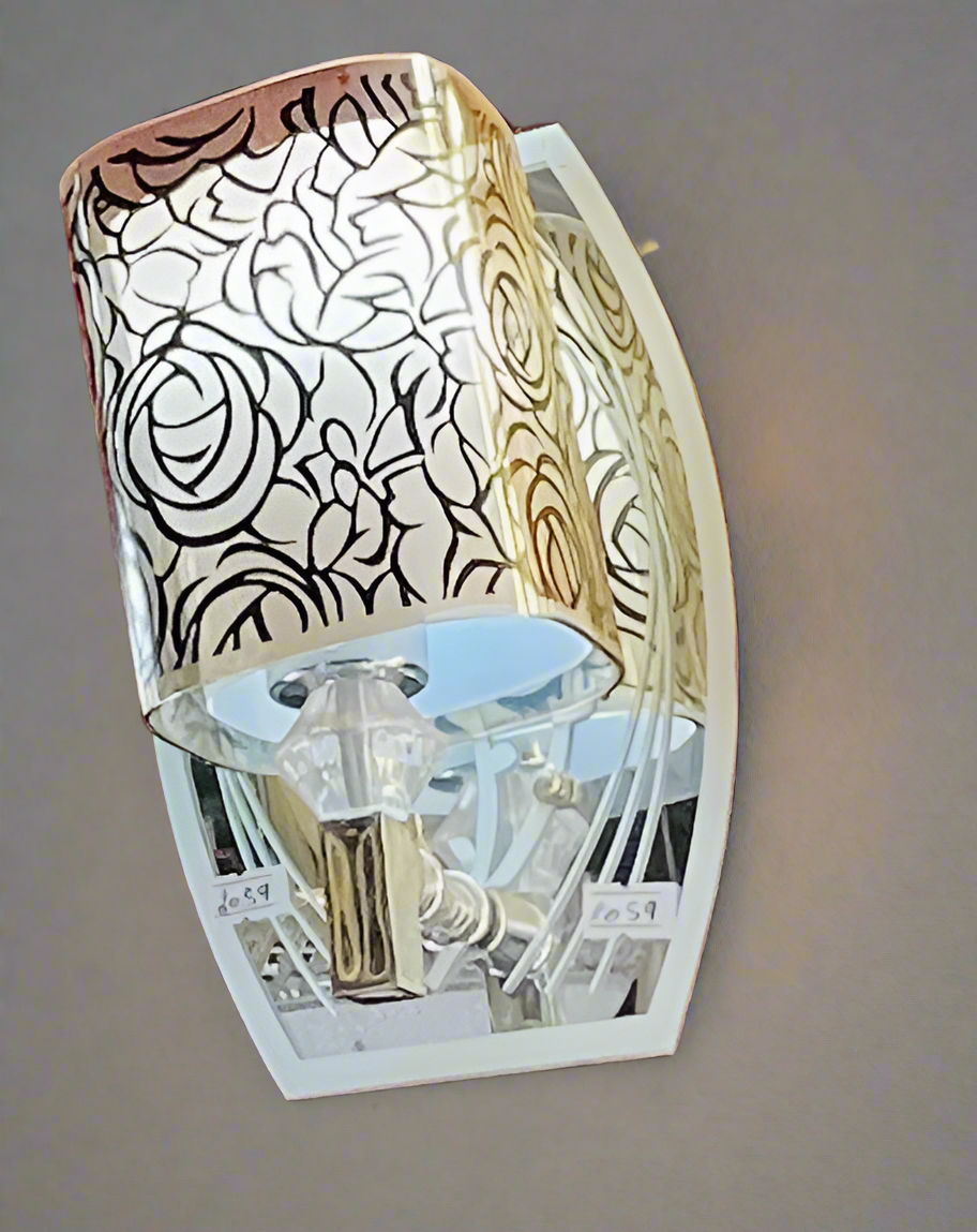Elegant bespoke LED light for walls featuring a floral patterned lampshade and a sleek mirror base
