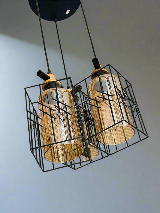 Amangazini decorative grid pendant lamp featuring black metal and wooden accents