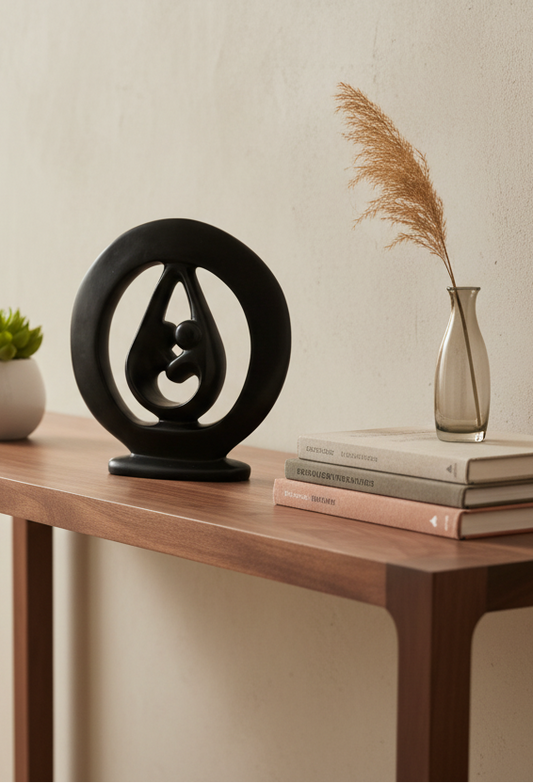 Black abstract sculpture on a white background