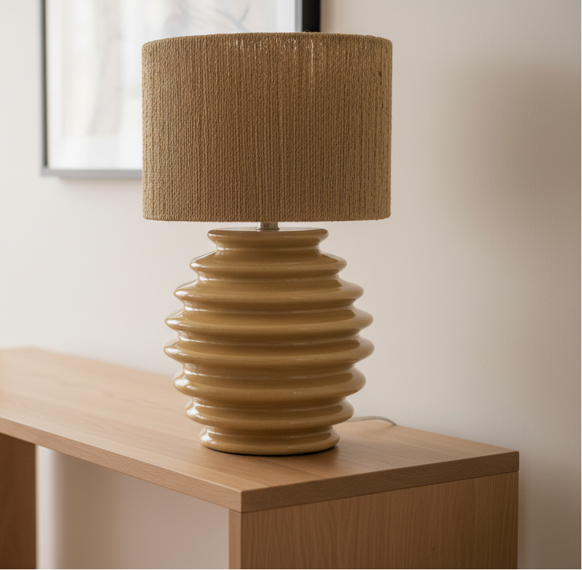 Decorative lamp with a textured brown shade and ribbed base on a white surface.