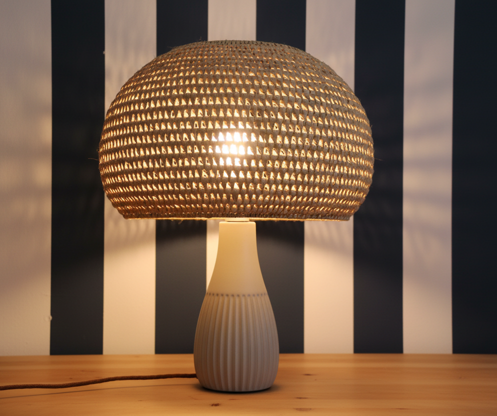 Woven basket hanging against a blue and white striped wall