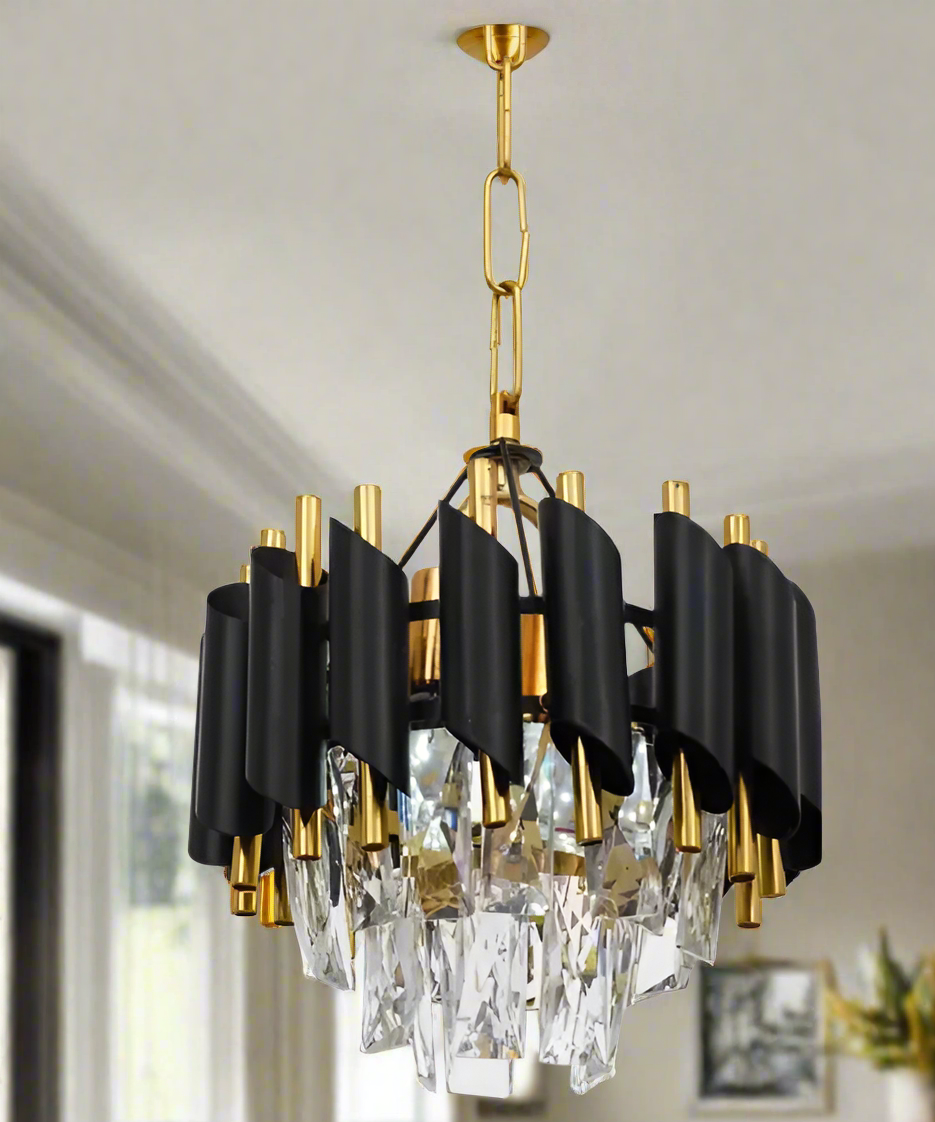 Amangazini high-end geometric chandelier with black and gold accents and crystal elements