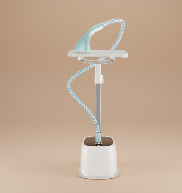 Flexible steamer with a white base and blue neck on a white background