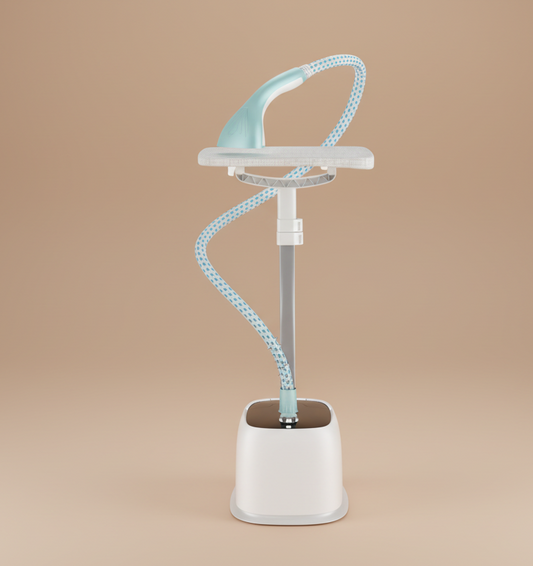 Flexible steamer with a white base and blue neck on a white background