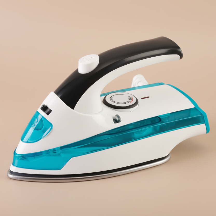 White and blue iron with black handle on a white background