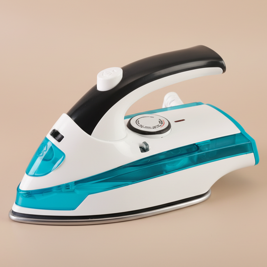 White and blue iron with black handle on a white background