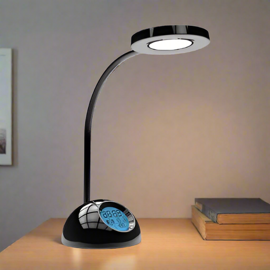 Amangazini LED desk lamp with clock featuring a sleek design and adjustable brightness