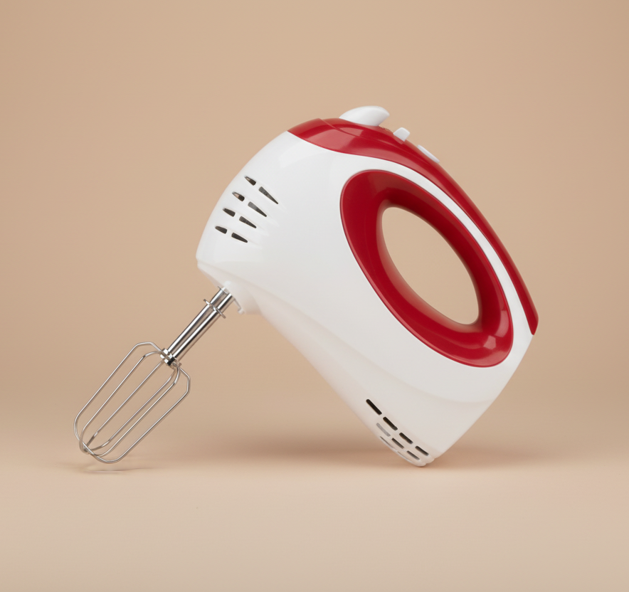 White and red hand mixer on a transparent background