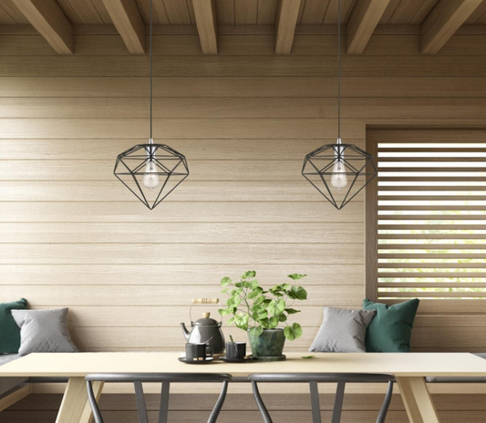 Amangazini modern geometric pendant light fixtures hanging over a stylish wooden dining table