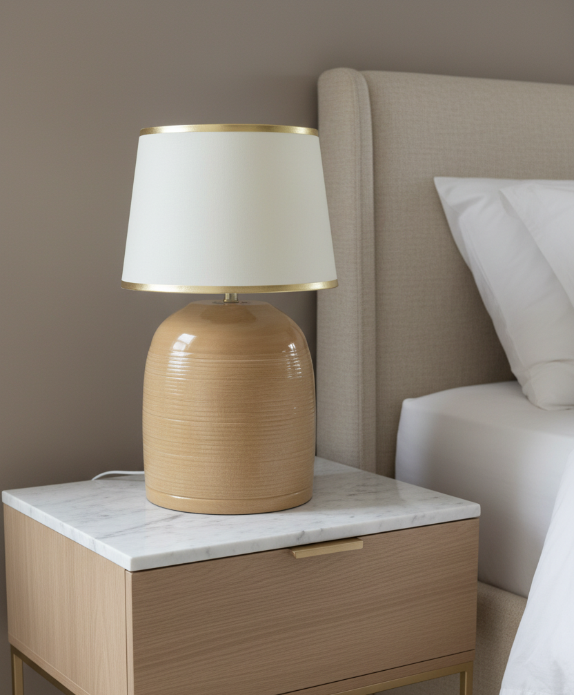 Table lamp with beige base and white shade with gold trim on a surface.