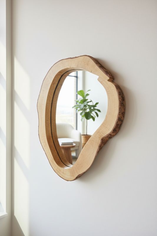 Wooden-framed mirror on a wall with decorative elements in the background