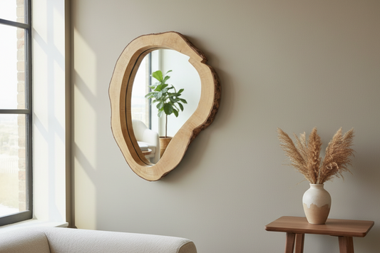 Wooden mirror on a wall with a vase of dried plants on a small table.