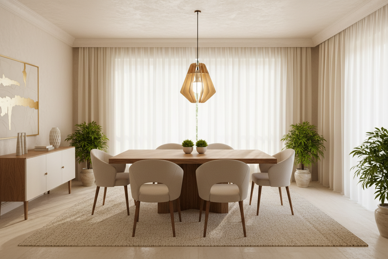 Modern dining room with a wooden table and chairs, pendant light, and plants.