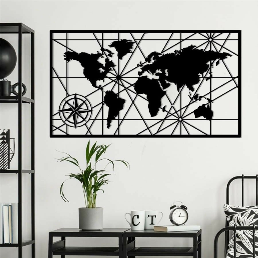 World map wall art in a modern living room setting with a plant, table, and chair.
