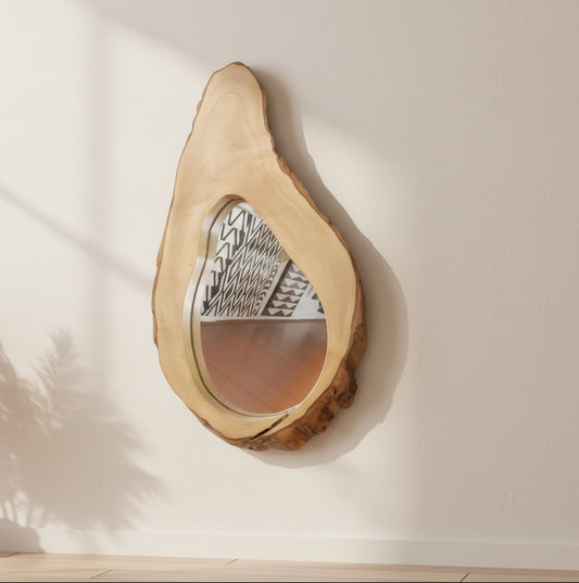 Wooden mirror with geometric design on a dark background