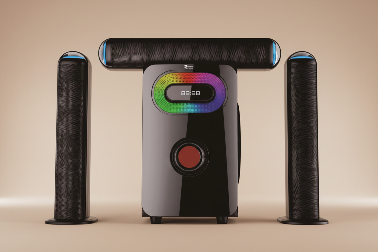 Black electronic device with RGB display and two cylindrical speakers on a white background