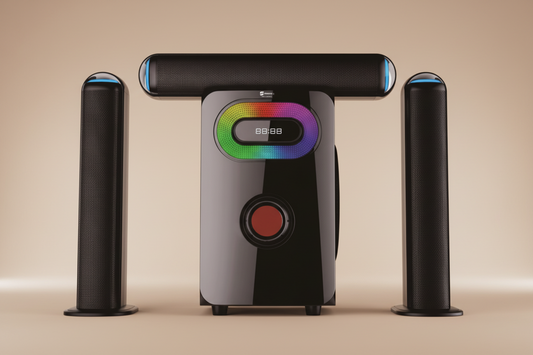 Black electronic device with RGB display and two cylindrical speakers on a white background