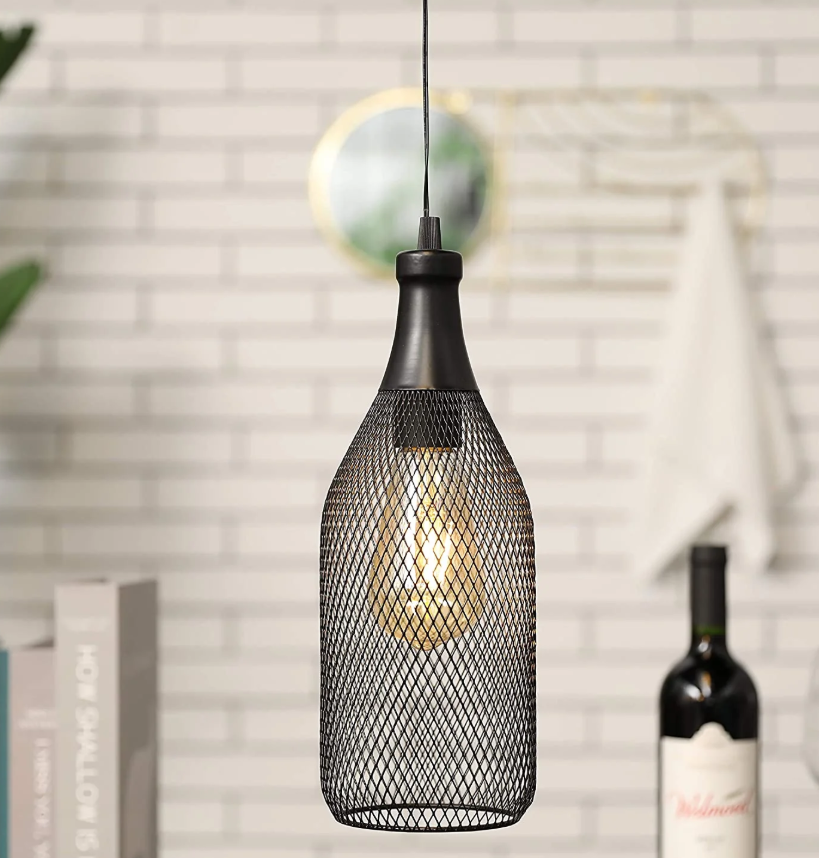 Stylish black ceiling pendant fixture with a unique bottle shape and mesh design, perfect for modern decor