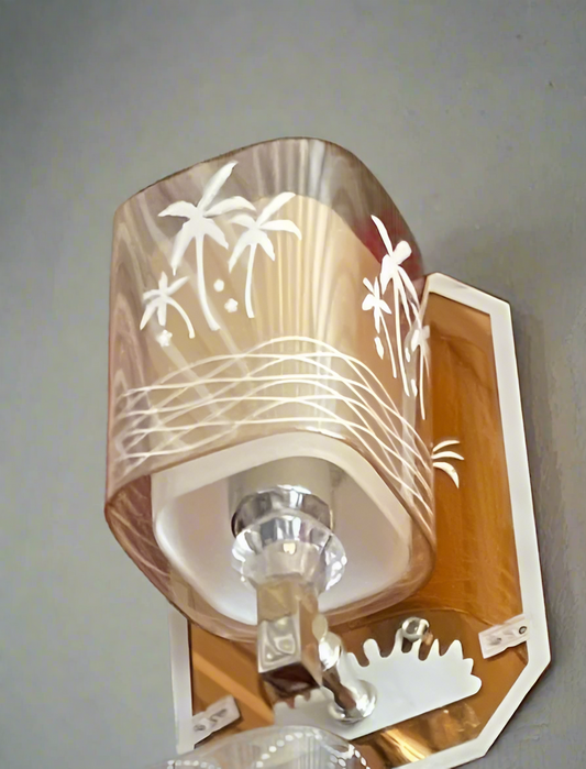Amangazini tropical themed light fixture featuring palm tree designs on a glass shade